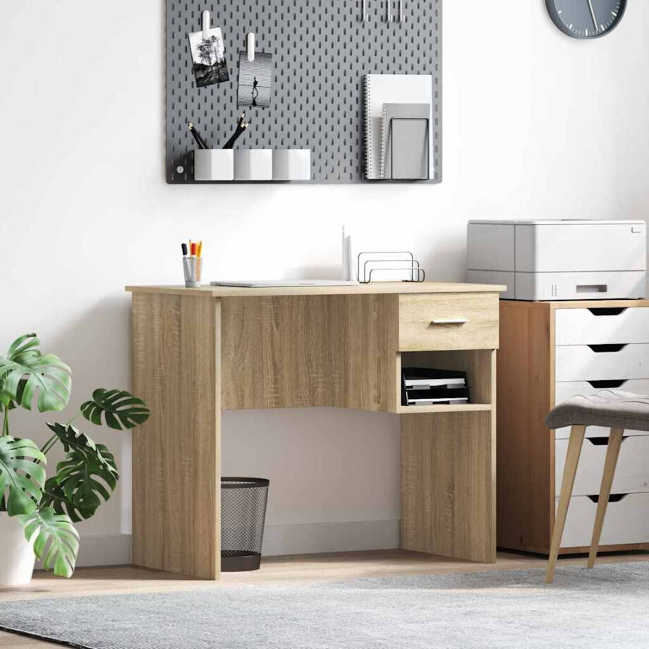 vidaXL Bureau met lade Sonoma Eiken 90 x 49 x 75 cm Bewerkt hout afbeelding 1