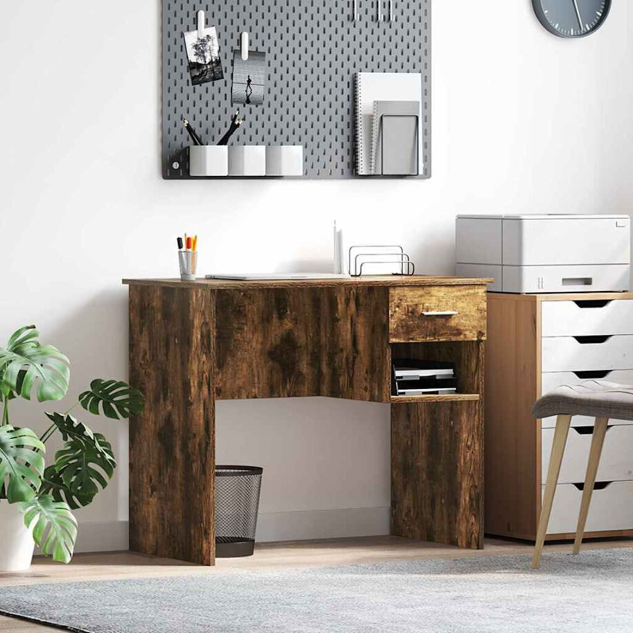 vidaXL Bureau met lade Gerookt eiken 90 x 49 x 75 cm Bewerkt hout afbeelding 1