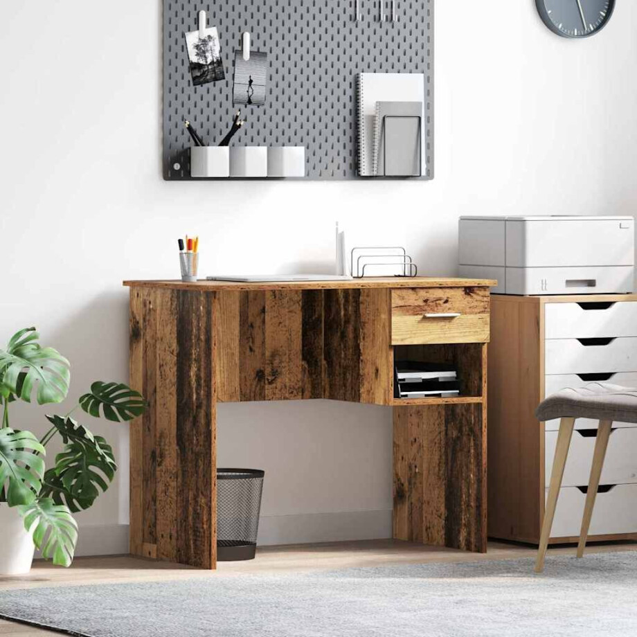 vidaXL Bureau met lade met plank Oud Hout 90 x 49 x 75 cm Bewerkt hout afbeelding 1