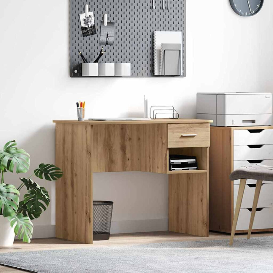 vidaXL Bureau met lade Artisan Eiken 90 x 49 x 75 cm Bewerkt hout afbeelding 1