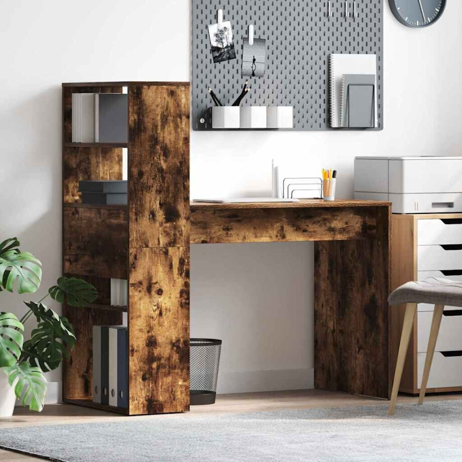 vidaXL Bureau met plank Gerookt eiken 113 x 54 x 120 cm Bewerkt hout afbeelding 1