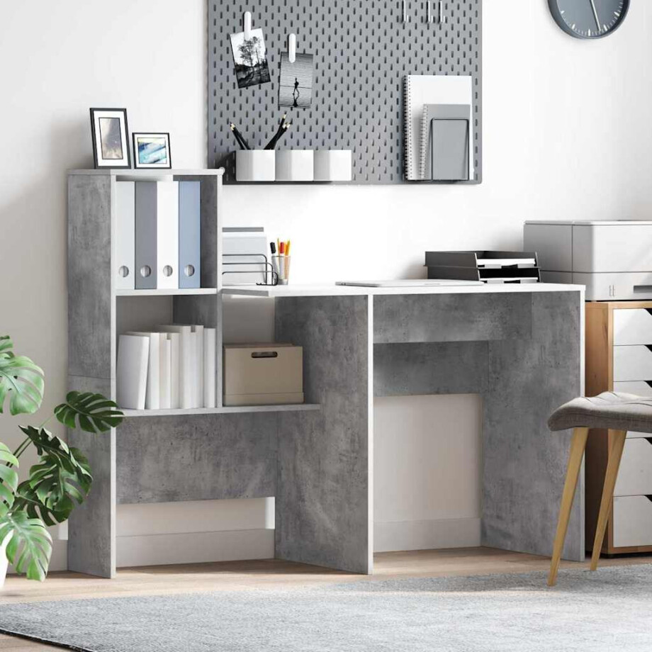 vidaXL Bureau met plank Beton Grijs 131,5 x 50 x 106,5 cm Bewerkt hout afbeelding 1