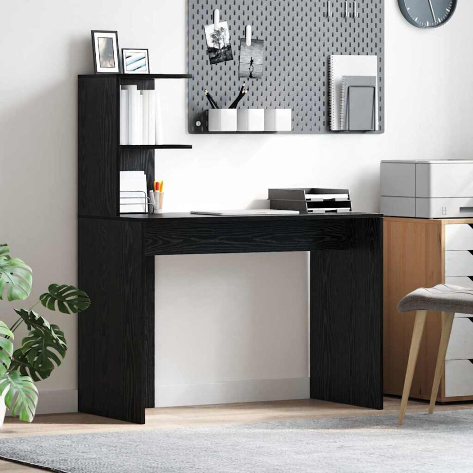 vidaXL Bureau met plank Zwart Eiken 102 x 50 x 124 cm Bewerkt hout vidaXL Bureau met plank Zwart Eiken 102 x 50 x 124 cm Bewerkt hout afbeelding 1