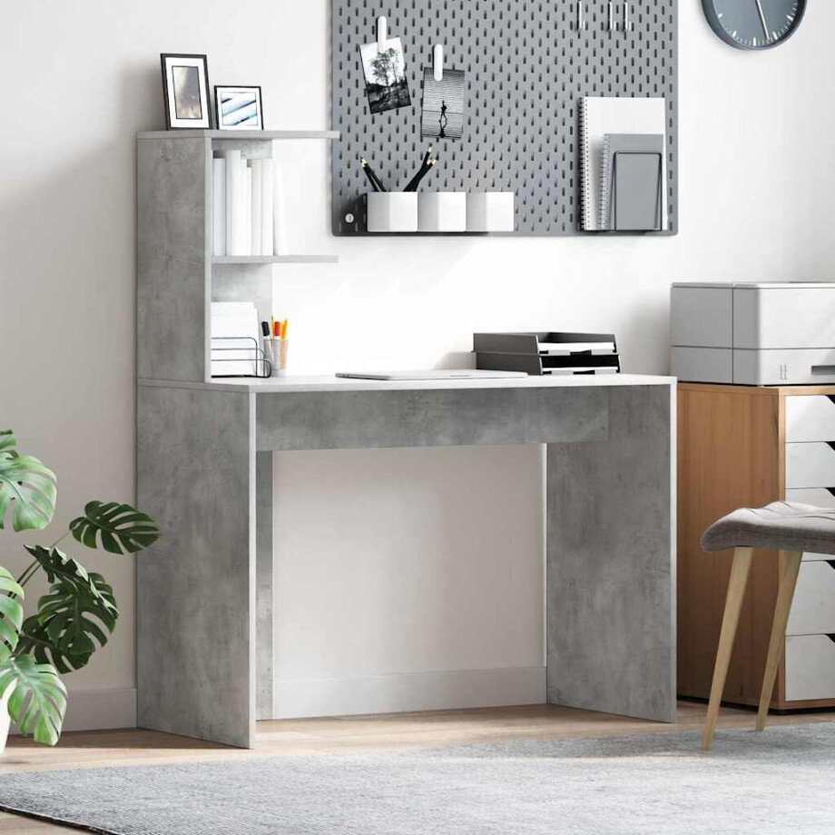 vidaXL Bureau met plank Beton Grijs 102 x 50 x 124 cm Bewerkt hout afbeelding 1