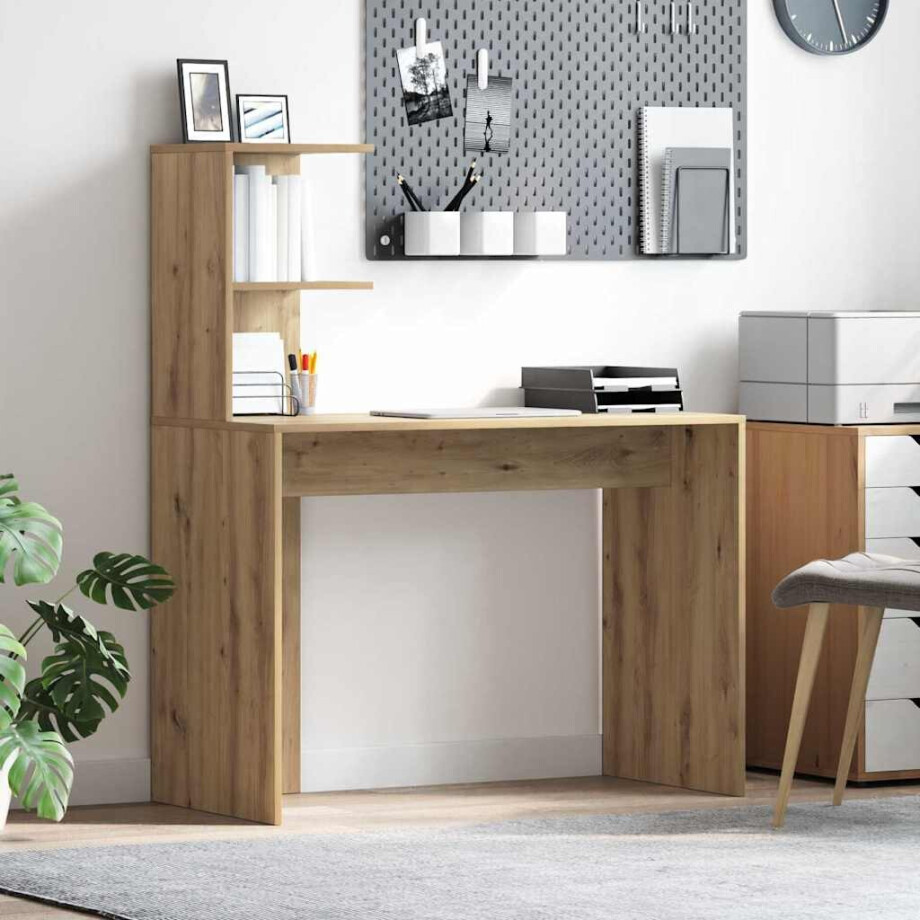 vidaXL Bureau met plank Artisan Eiken 102 x 50 x 124 cm Bewerkt hout afbeelding 1