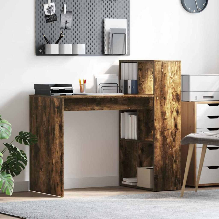 vidaXL Bureau met plank Gerookt eiken 108 x 55 x 103.5 cm Bewerkt hout afbeelding 1