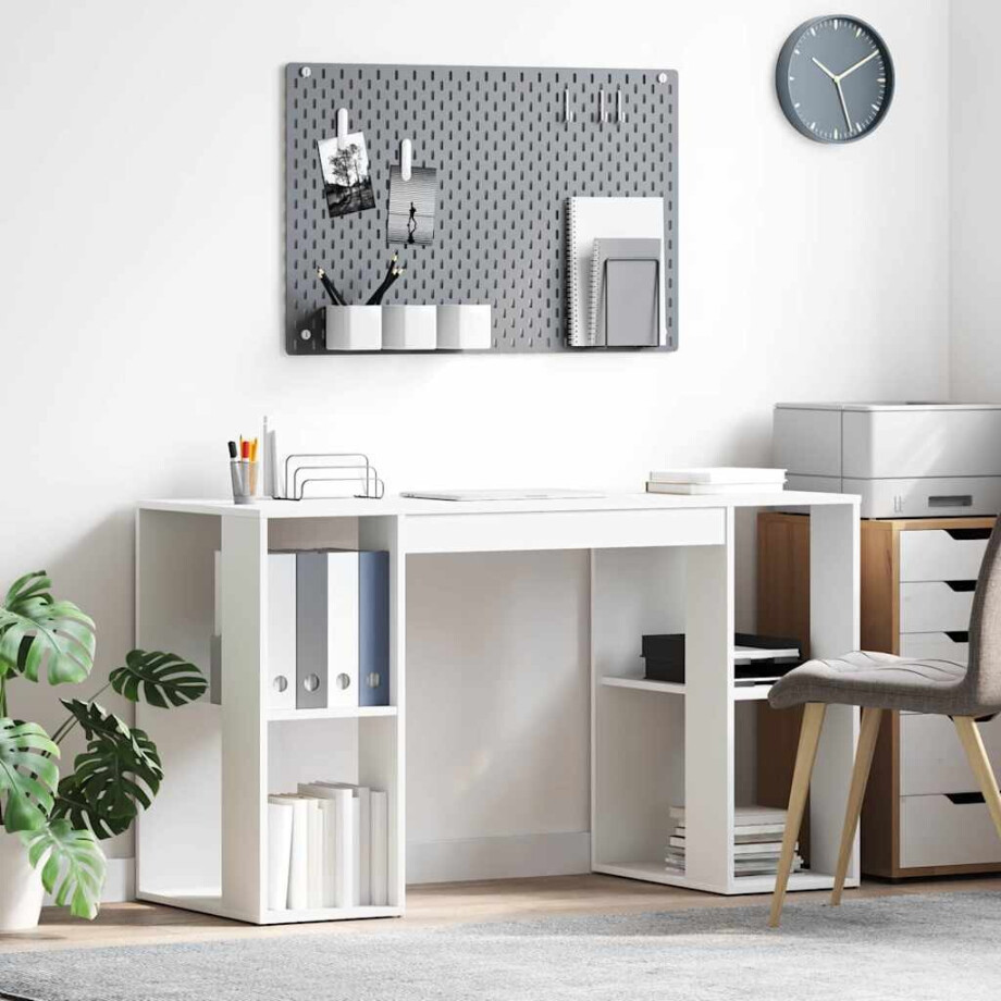 vidaXL Bureau met plank met opslag Wit 130 x 50.5 x 75 cm Bewerkt hout vidaXL Bureau met plank met opslag Wit 130 x 50.5 x 75 cm Bewerkt hout afbeelding 1