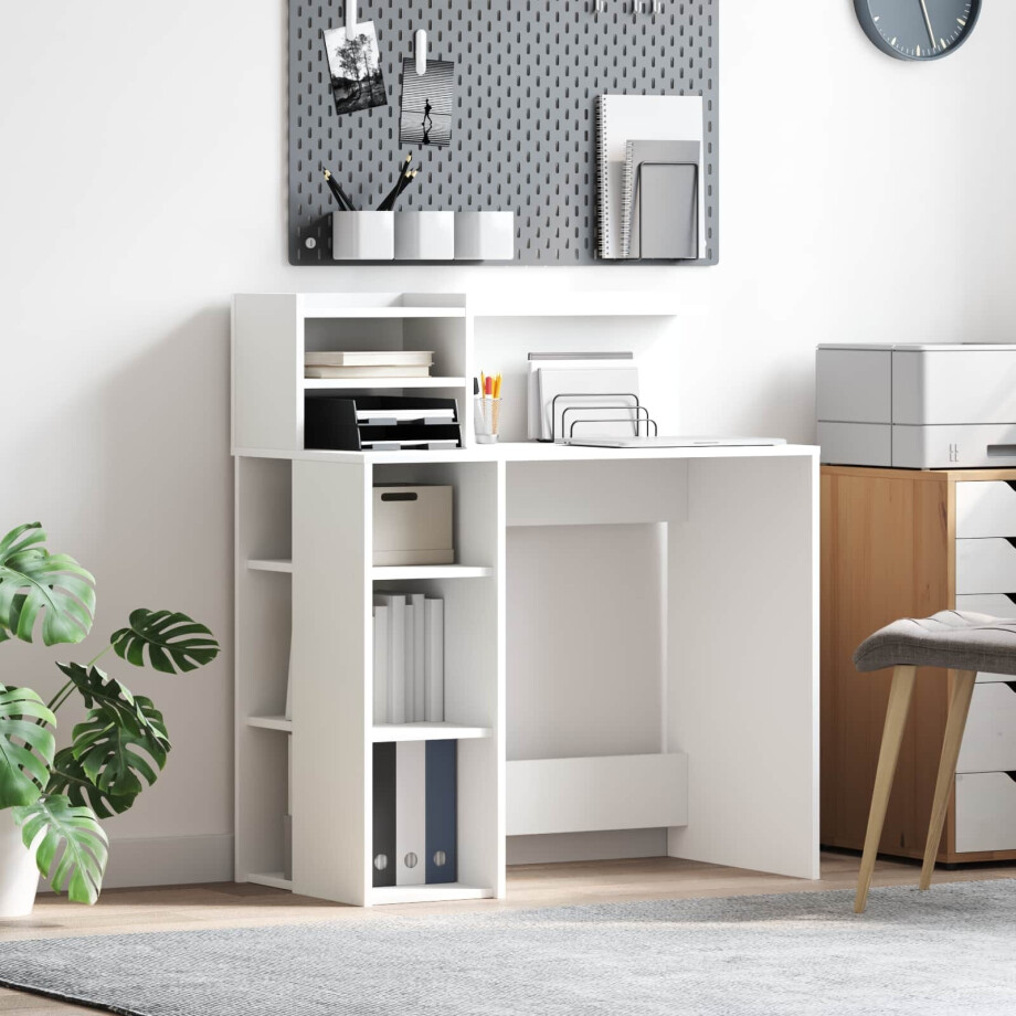 vidaXL Bureau met plank met opslag Wit 90 x 48 x 101,5 cm Bewerkt hout vidaXL Bureau met plank met opslag Wit 90 x 48 x 101,5 cm Bewerkt hout afbeelding 1