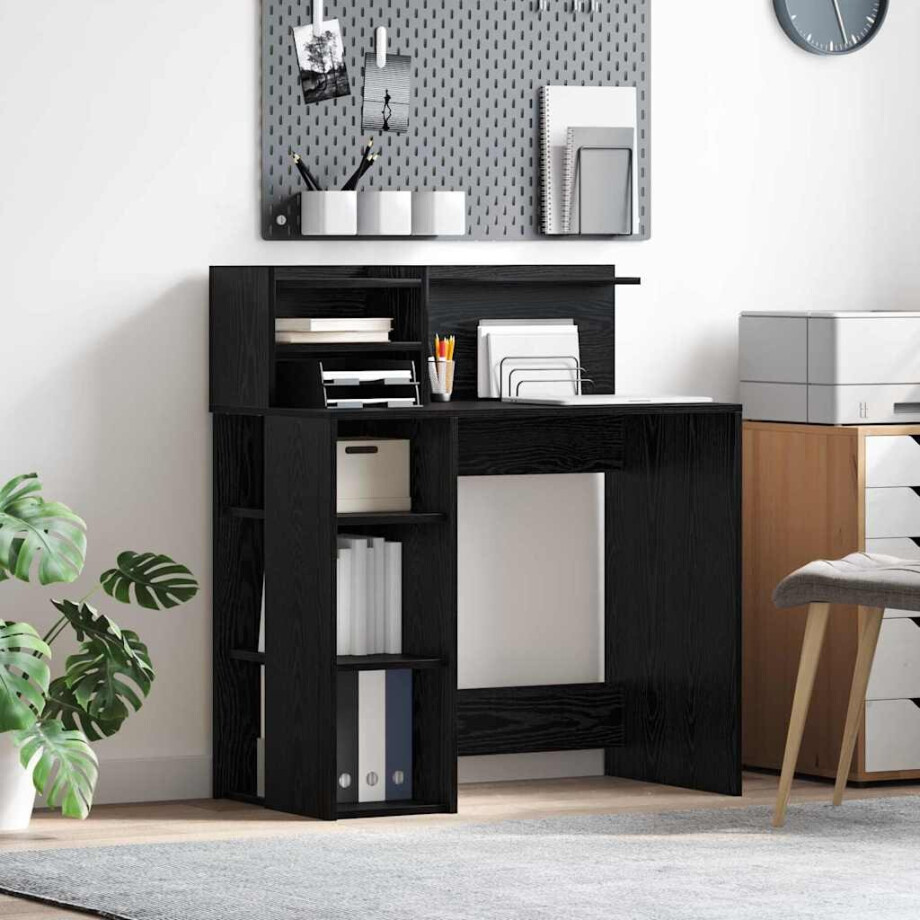 vidaXL Bureau met plank Zwart Eiken 90 x 48 x 101,5 cm Bewerkt hout vidaXL Bureau met plank Zwart Eiken 90 x 48 x 101,5 cm Bewerkt hout afbeelding 1