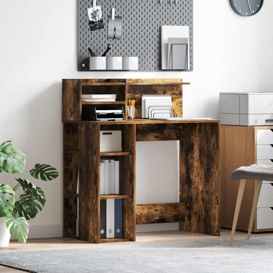 vidaXL Bureau met plank Gerookt eiken 90 x 48 x 101,5 cm Bewerkt hout vidaXL Bureau met plank Gerookt eiken 90 x 48 x 101,5 cm Bewerkt hout afbeelding 1