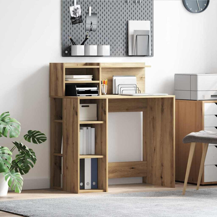 vidaXL Bureau met plank Artisan Eiken 90 x 48 x 101,5 cm Bewerkt hout vidaXL Bureau met plank Artisan Eiken 90 x 48 x 101,5 cm Bewerkt hout afbeelding 1