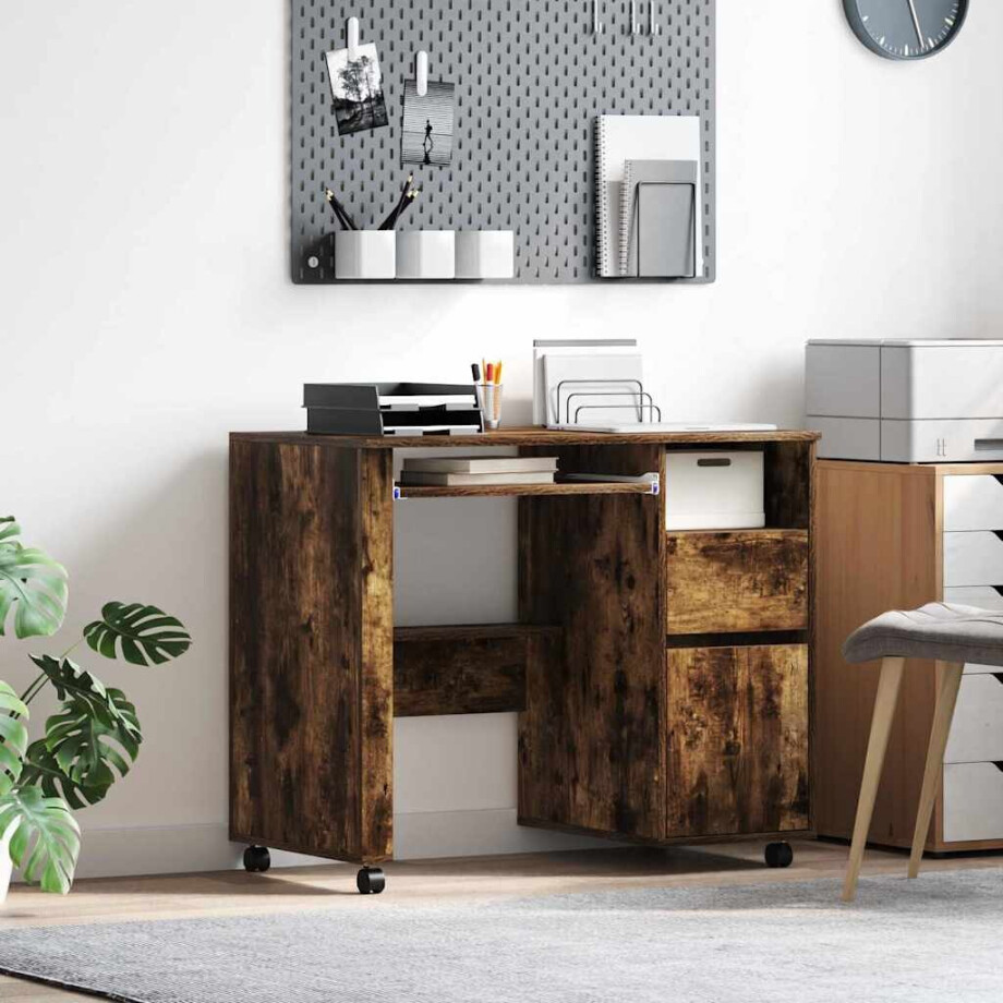 vidaXL Bureau met Wielen Gerookt eiken 91 x 50 x 77 cm Bewerkt hout afbeelding 1