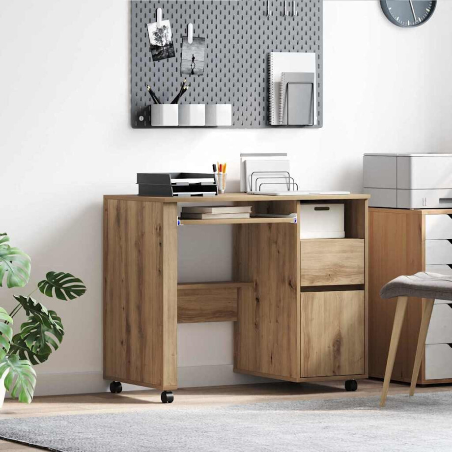 vidaXL Bureau met Wielen Artisan Eiken 91 x 50 x 77 cm Bewerkt hout afbeelding 1