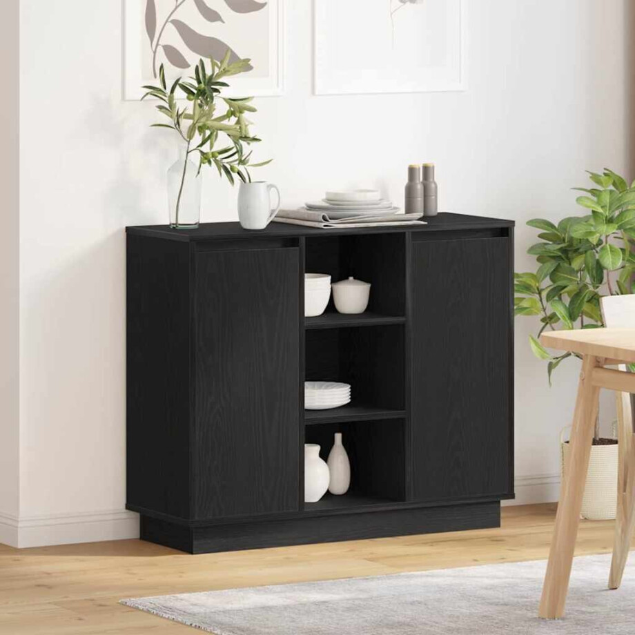 vidaXL LED Sideboard Zwart Eiken 90 x 32 x 75 cm Bewerkt hout vidaXL LED Sideboard Zwart Eiken 90 x 32 x 75 cm Bewerkt hout afbeelding 1