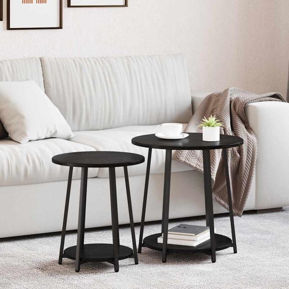 vidaXL Bijzettafelset met plank 2 pcs Zwart Eiken afbeelding 1