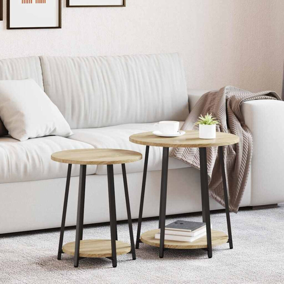 vidaXL Bijzettafelset met plank 2 pcs Sonoma Eiken en Zwart afbeelding 1