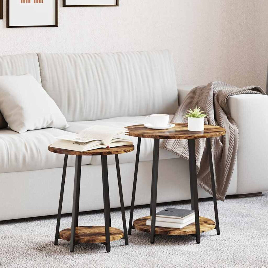 vidaXL Bijzettafelset met plank 2 pcs Gerookt Eiken en Zwart afbeelding 1