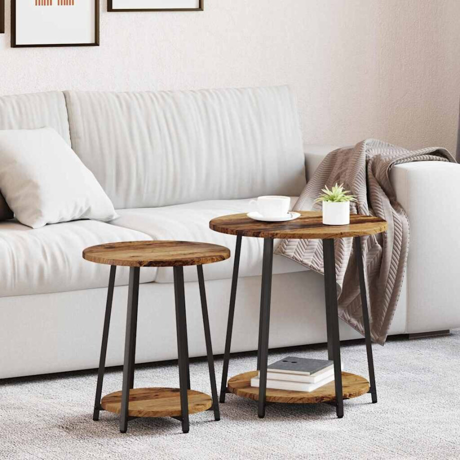 vidaXL Bijzettafelset met plank 2 pcs Oud Hout en Zwart afbeelding 1
