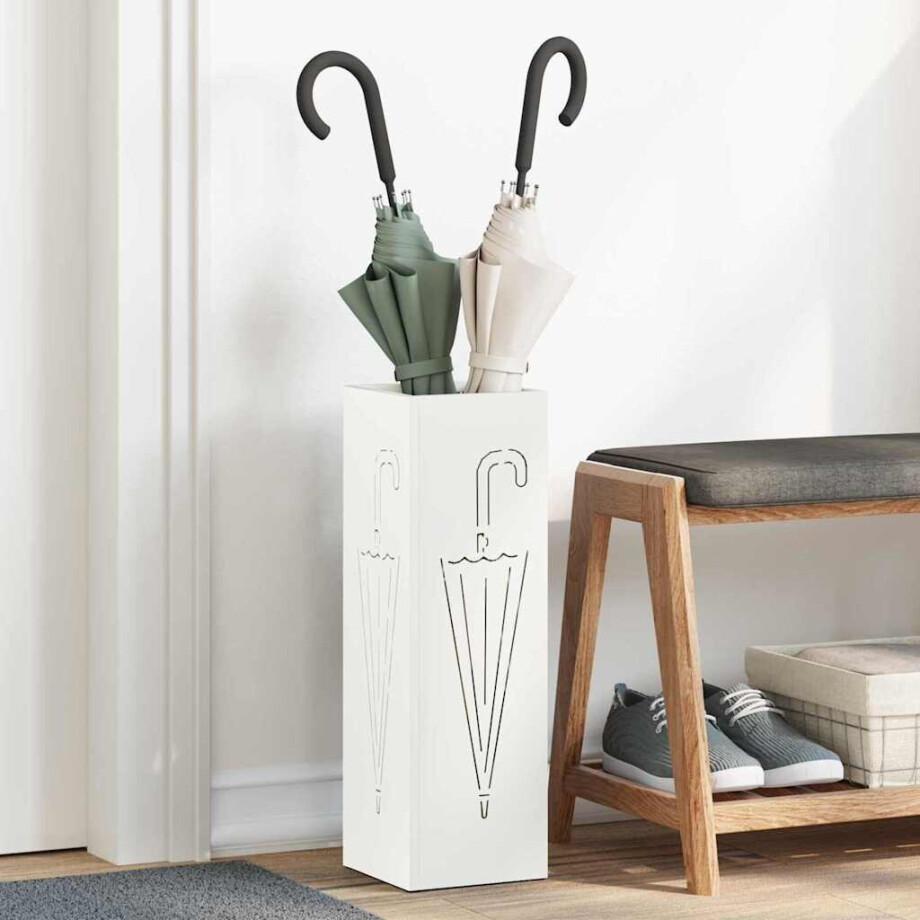 vidaXL Paraplu Standaard met opslag Wit 15,5 x 15,5 x 49 cm Metaal afbeelding 1
