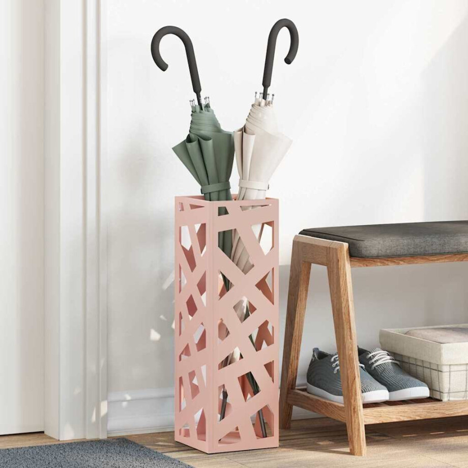 vidaXL Paraplu Standaard met opslag Roze 15,5 x 15,5 x 49 cm Metaal afbeelding 1