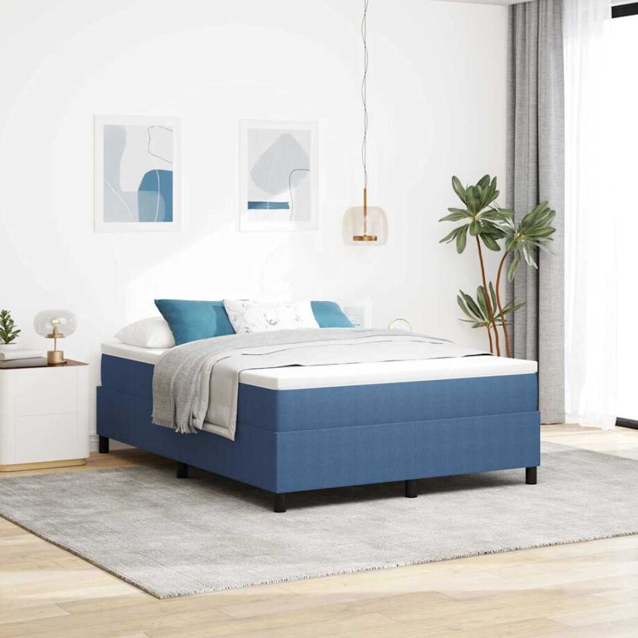 vidaXL Boxspringbed Blauw en Wit 140 x 200 cm Katoen Stof afbeelding 1