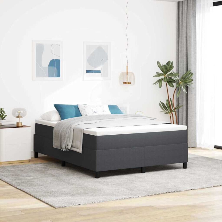 vidaXL Boxspringbed Donkergrijs en Wit 160 x 200 cm Katoen Stof afbeelding 1