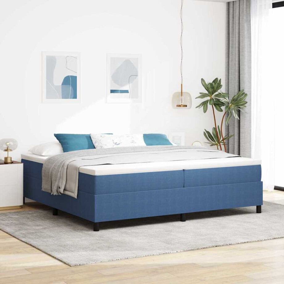 vidaXL Boxspringbed Blauw en Wit 200 x 200 cm Katoen Stof afbeelding 1