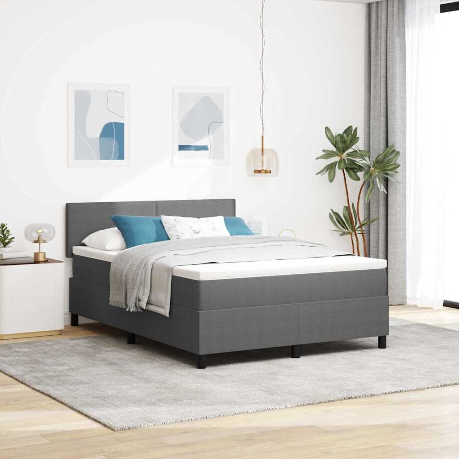 vidaXL Boxspringbed Lichtgrijs en wit. 140 x 190 cm Katoen Stof afbeelding 1