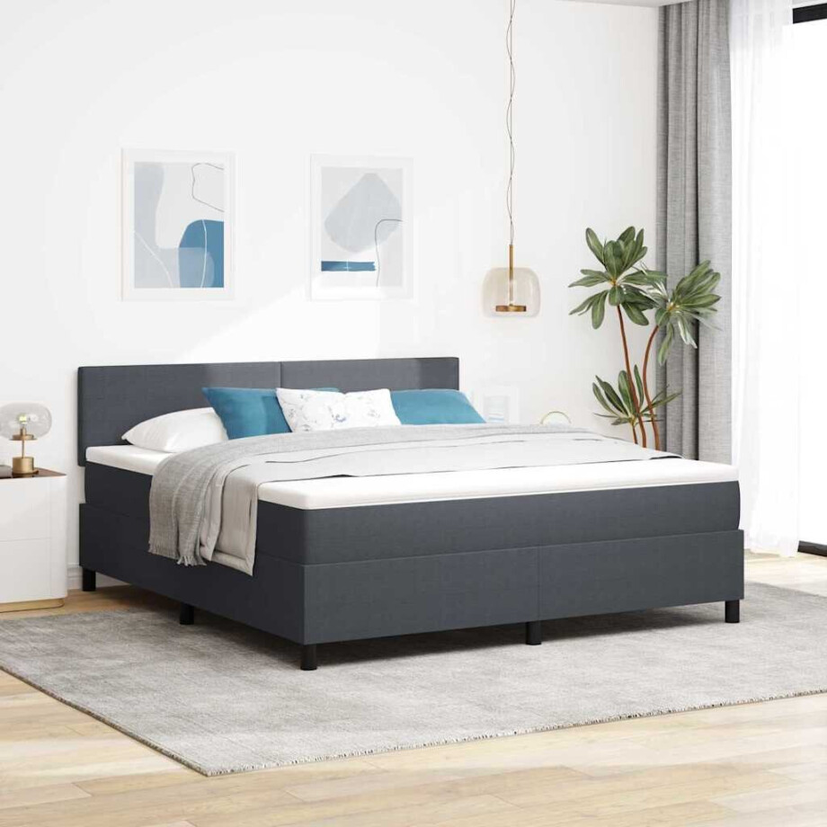vidaXL Boxspringbed Donkergrijs en Wit 180 x 200 cm Katoen Stof afbeelding 1