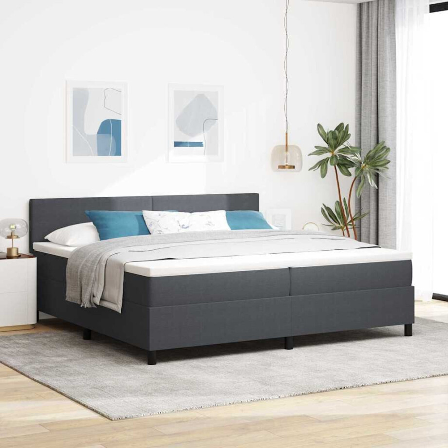 vidaXL Boxspringbed Donkergrijs en Wit 200 x 200 cm Katoen Stof afbeelding 1