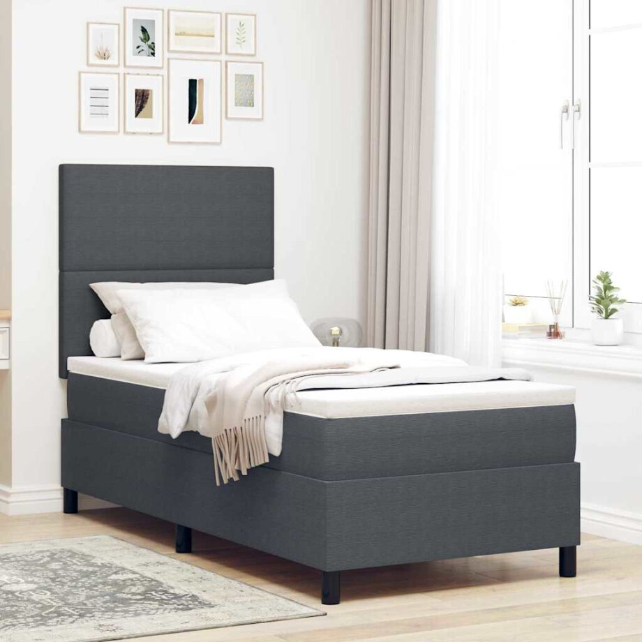vidaXL Boxspringbed Donkergrijs en Wit 100 x 200 cm Katoen Stof afbeelding 1