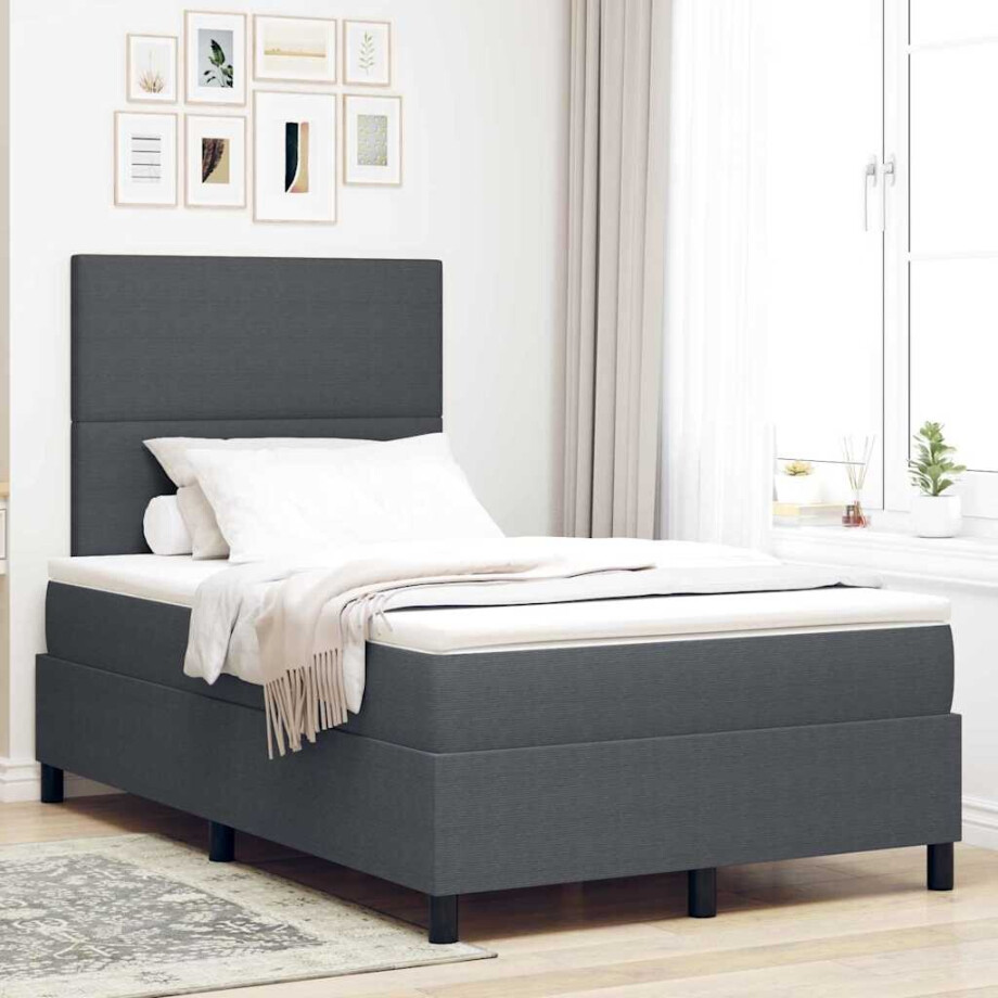 vidaXL Boxspringbed Donkergrijs en Wit 120 x 190 cm Katoen Stof afbeelding 1