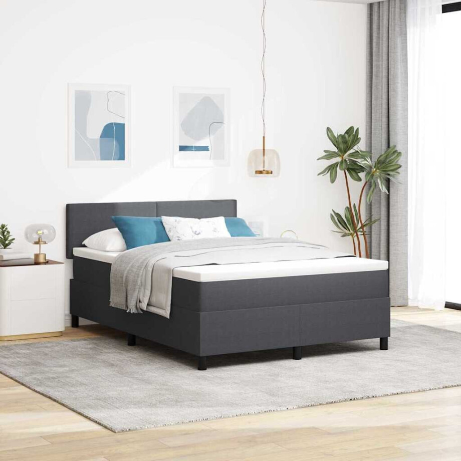 vidaXL LED Box Spring Bed Donkergrijs en Wit 140 x 190 cm Katoen Stof afbeelding 1