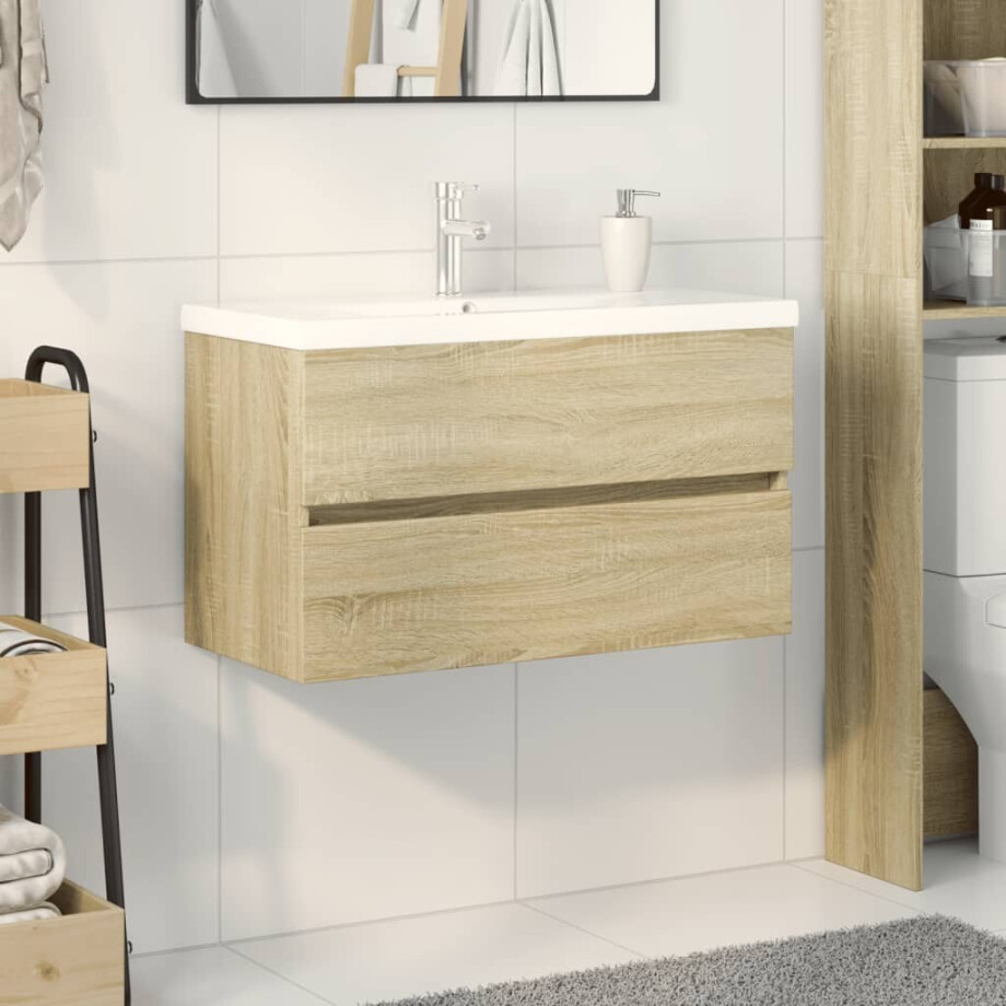 vidaXL 2-delige Badkamermeubelset keramiek en bewerkt hout afbeelding 1