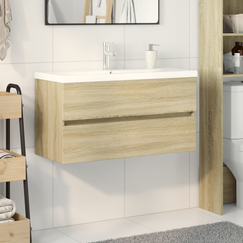vidaXL 2-delige Badkamermeubelset keramiek en bewerkt hout afbeelding 1