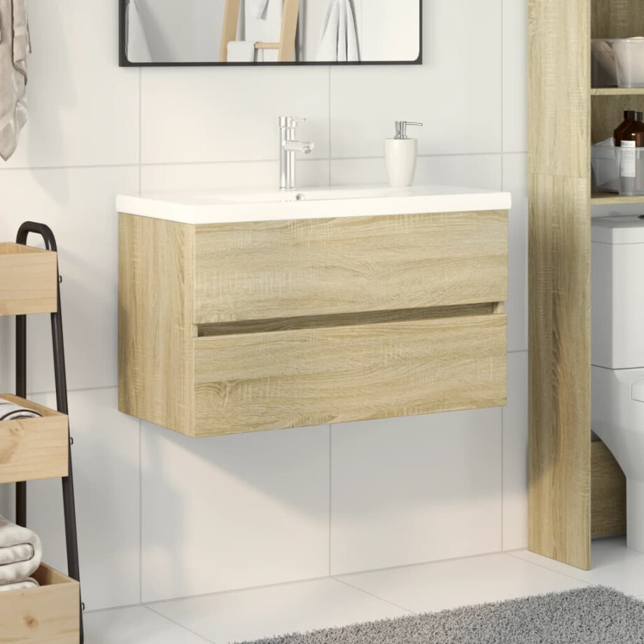 vidaXL 2-delige Badkamermeubelset keramiek en bewerkt hout afbeelding 1