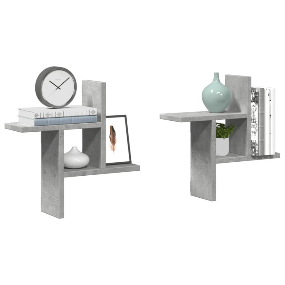 vidaXL Wandschappen 2 st 38x12x38 cm bewerkt hout betongrijs afbeelding 1