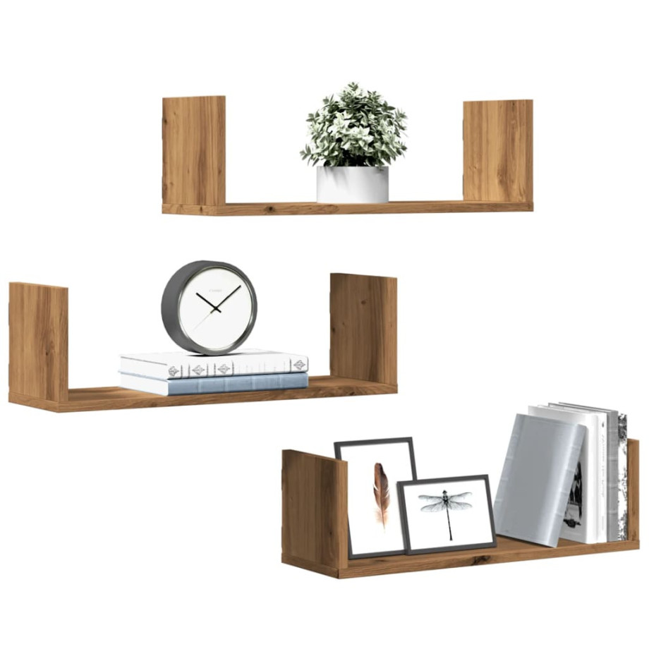 vidaXL Wandschappen 3 st 58x18x18 cm bewerkt hout artisanaal eiken afbeelding 1