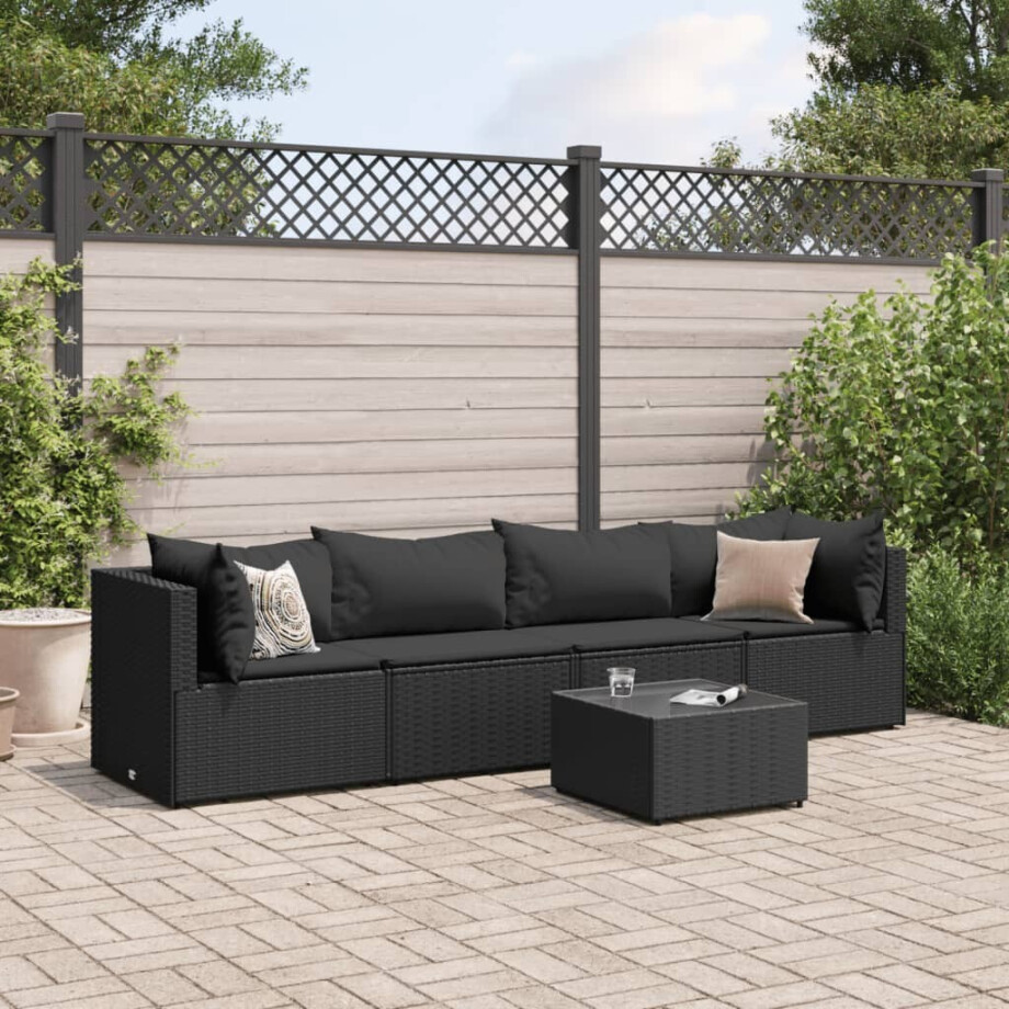 vidaXL 5-delige Loungeset met kussens poly rattan zwart afbeelding 1