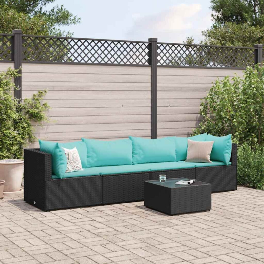 vidaXL 5-delige Loungeset met kussens poly rattan zwart afbeelding 1
