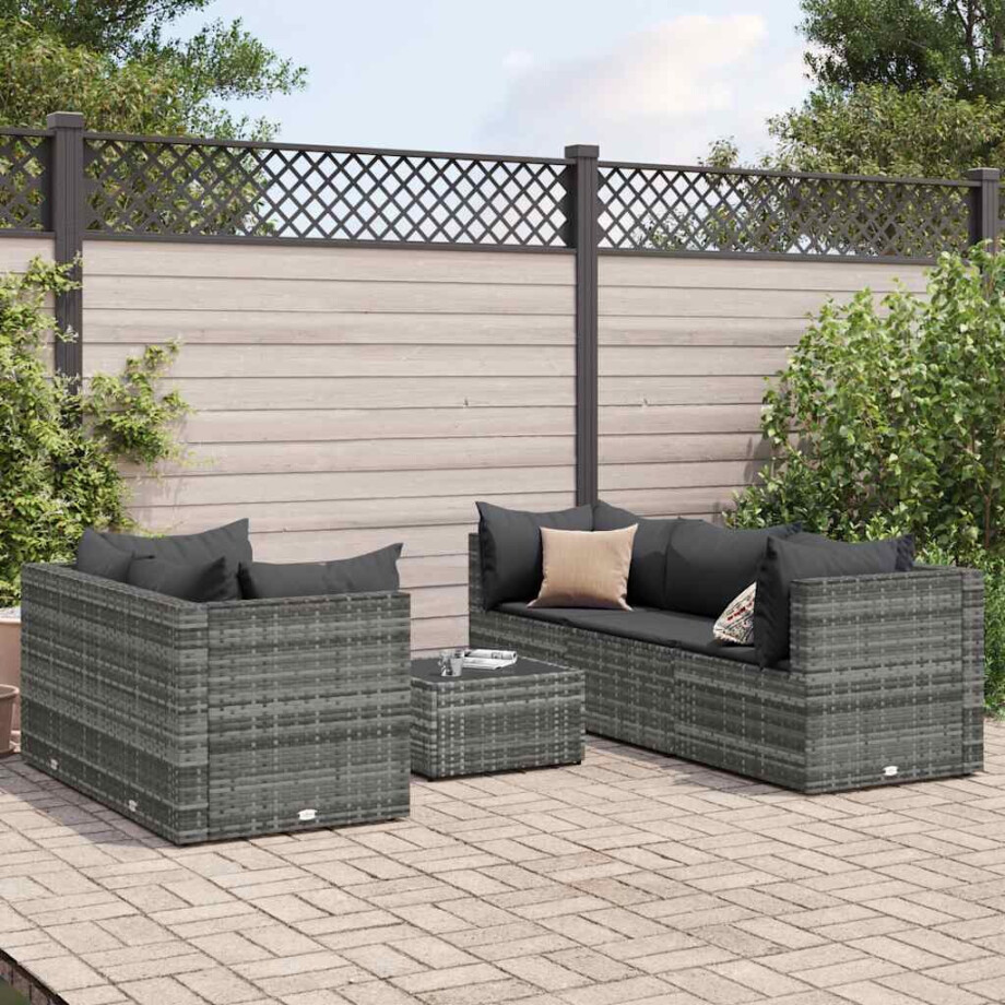 vidaXL 6-delige Loungeset met kussens poly rattan grijs afbeelding 1