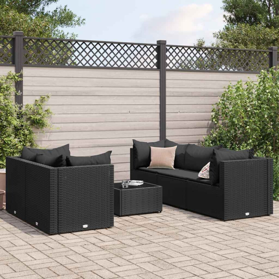 vidaXL 6-delige Loungeset met kussens poly rattan zwart afbeelding 1