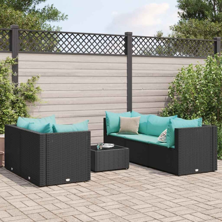 vidaXL 6-delige Loungeset met kussens poly rattan zwart afbeelding 1