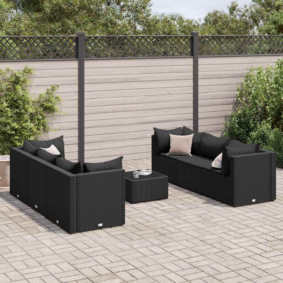 vidaXL 7-delige Loungeset met kussens poly rattan zwart afbeelding 1