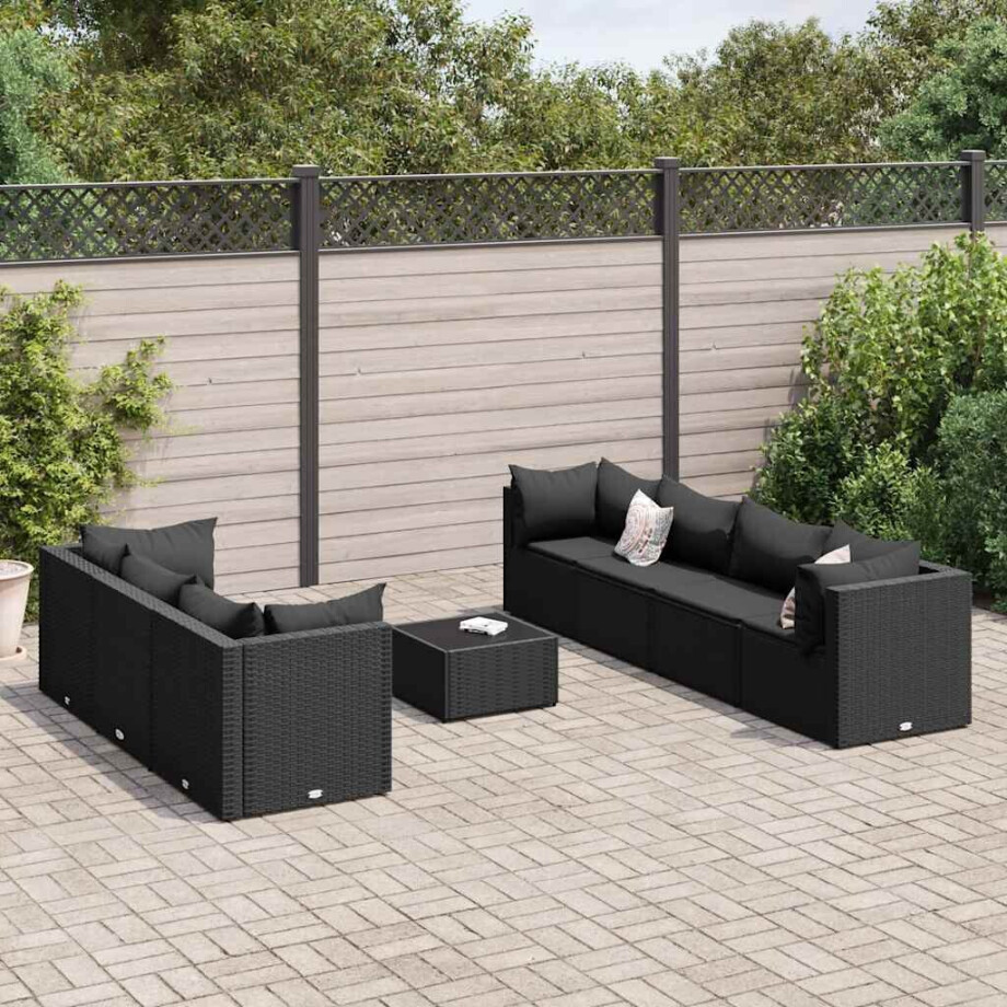 vidaXL 8-delige Loungeset met kussens poly rattan zwart vidaXL 8-delige Loungeset met kussens poly rattan zwart afbeelding 1