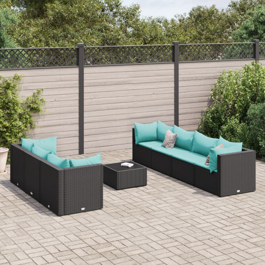 vidaXL 8-delige Loungeset met kussens poly rattan zwart afbeelding 1