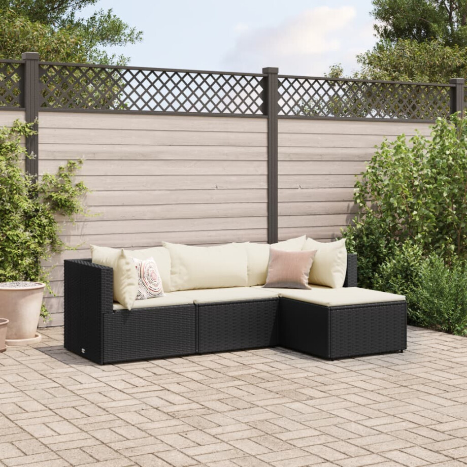 vidaXL 4-delige Loungeset met kussens poly rattan zwart afbeelding 1