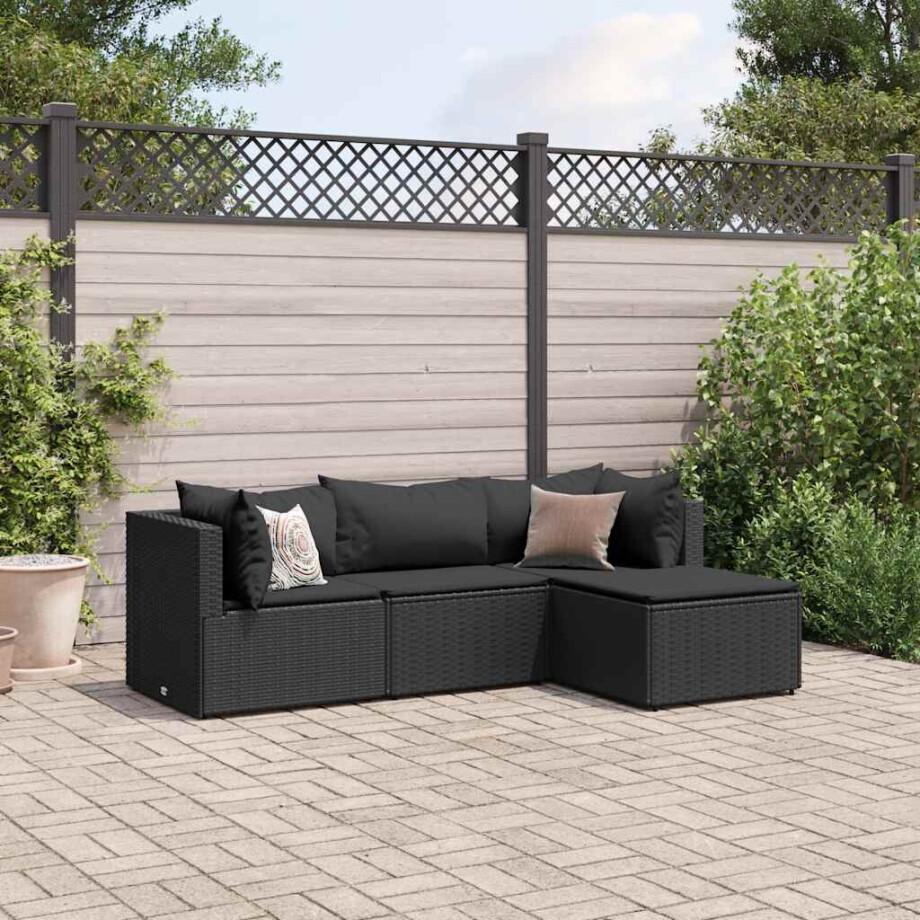 vidaXL 4-delige Loungeset met kussens poly rattan zwart vidaXL 4-delige Loungeset met kussens poly rattan zwart afbeelding 1