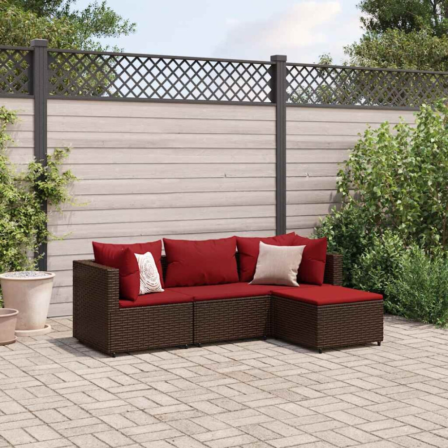 vidaXL 4-delige Loungeset met kussens poly rattan bruin vidaXL 4-delige Loungeset met kussens poly rattan bruin afbeelding 1