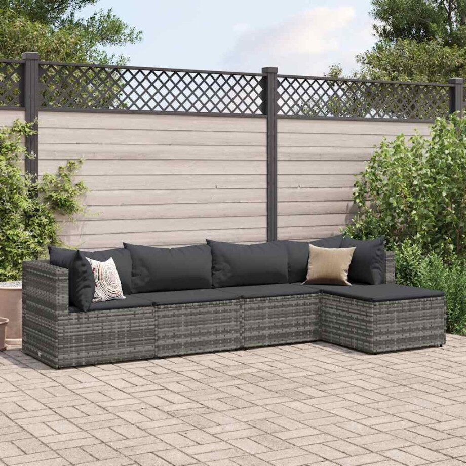 vidaXL 5-delige Loungeset met kussens poly rattan grijs afbeelding 1